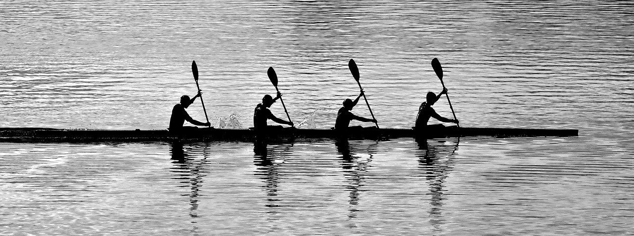 Four rowers on a river